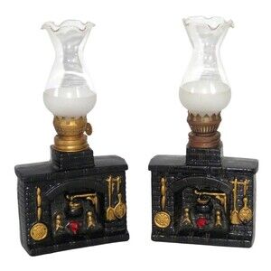 Vintage Pair of Ceramic Oil Lamps Black Fireplace Design 9" Tall